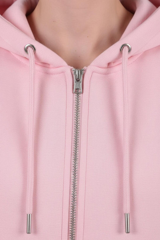 Kadın Kapşonlu Üç İplik Ön Fermuarlı Oversize Sweat  Pembe