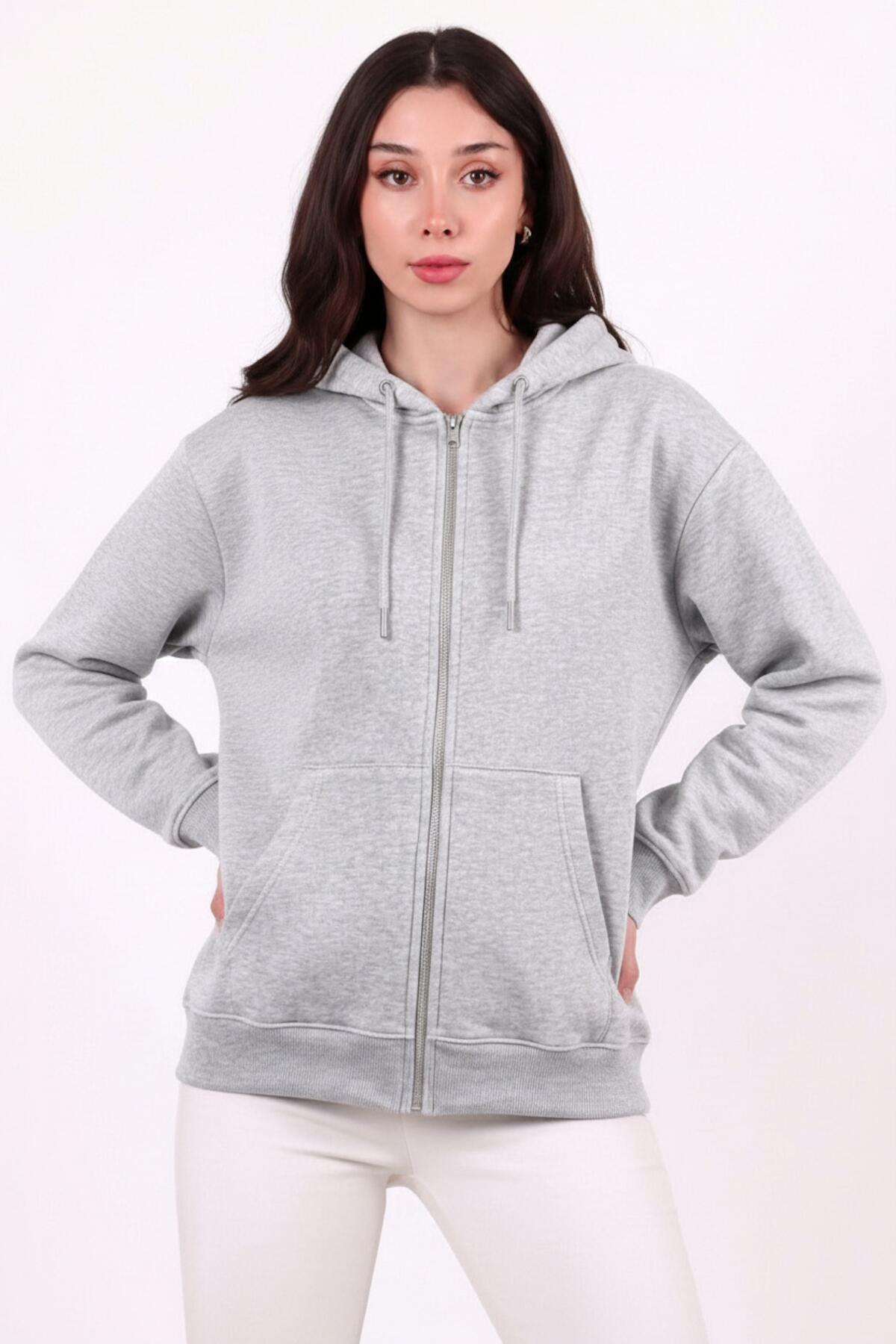 Kadın Kapşonlu Üç İplik Ön Fermuarlı Oversize Sweat  Gri