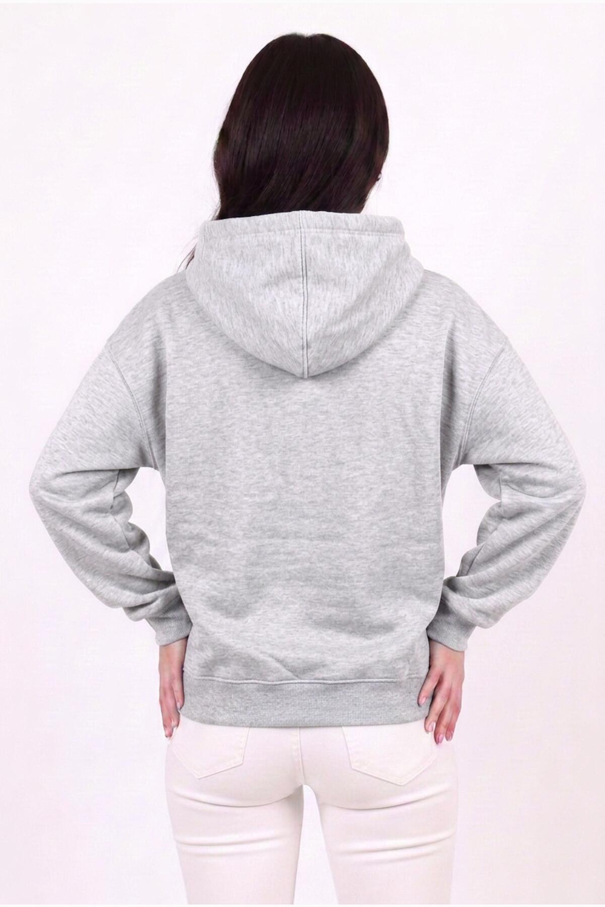 Kadın Kapşonlu Üç İplik Ön Fermuarlı Oversize Sweat  Gri
