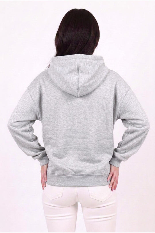 Kadın Kapşonlu Üç İplik Ön Fermuarlı Oversize Sweat  Gri