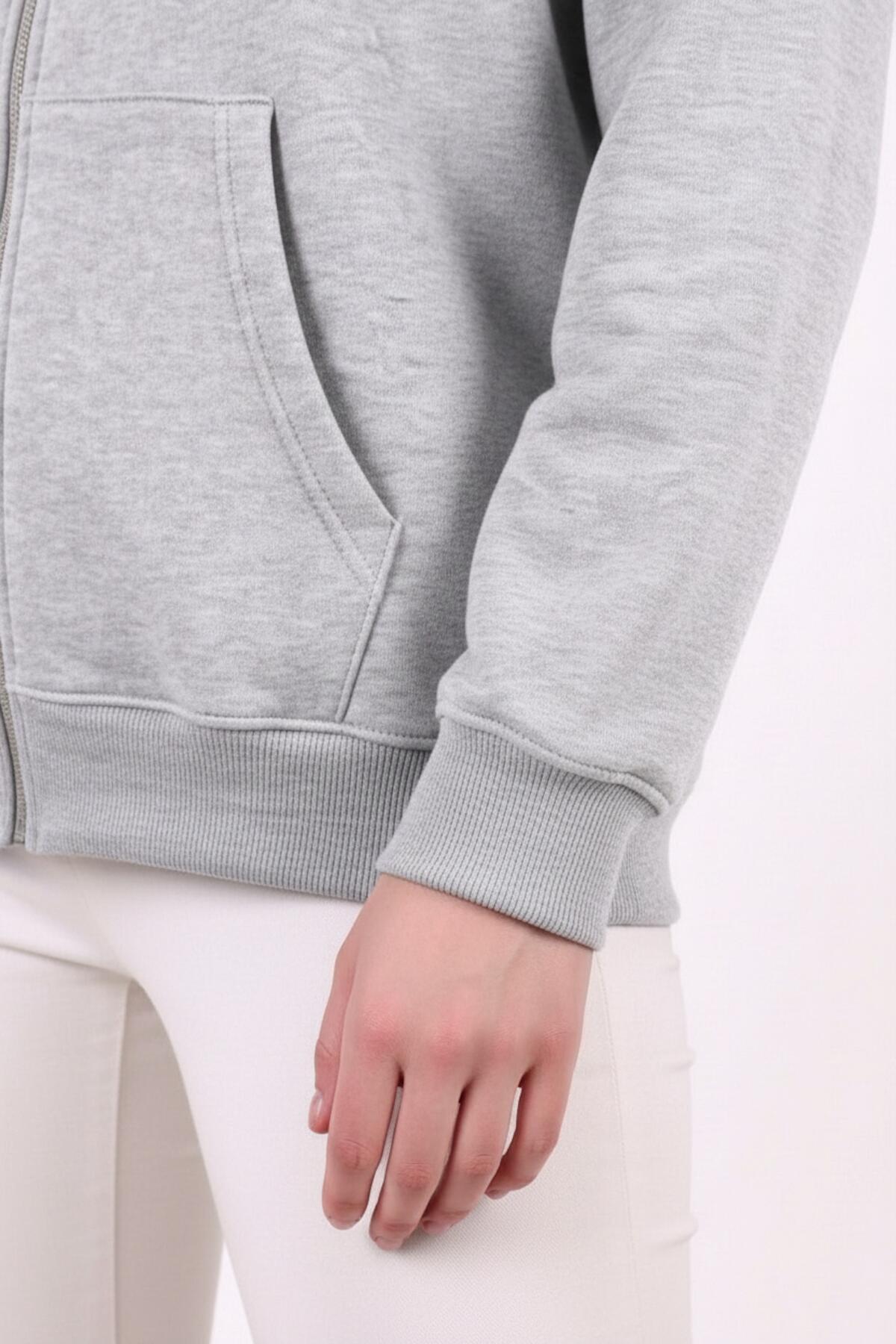 Kadın Kapşonlu Üç İplik Ön Fermuarlı Oversize Sweat  Gri