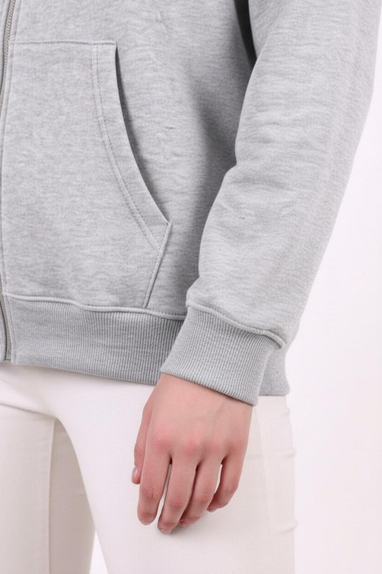 Kadın Kapşonlu Üç İplik Ön Fermuarlı Oversize Sweat  Gri