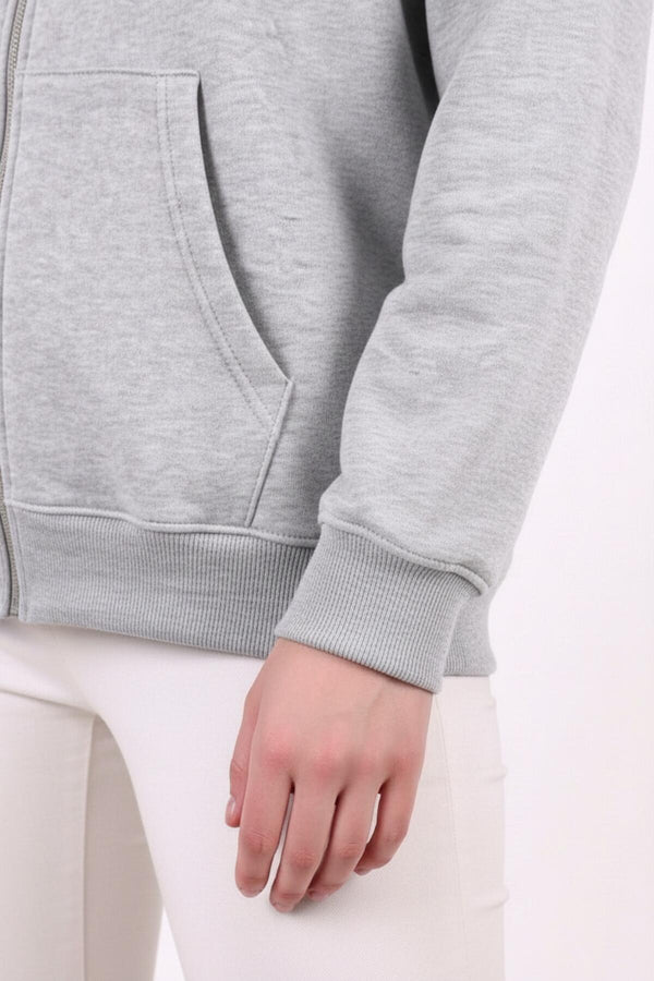 Kadın Kapşonlu Üç İplik Ön Fermuarlı Oversize Sweat  Gri