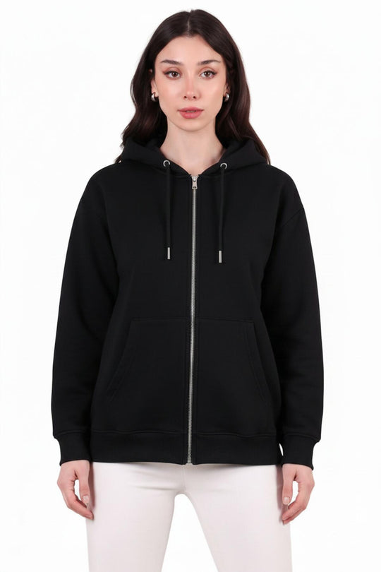 Kadın Kapşonlu Üç İplik Ön Fermuarlı Oversize Sweat  Siyah