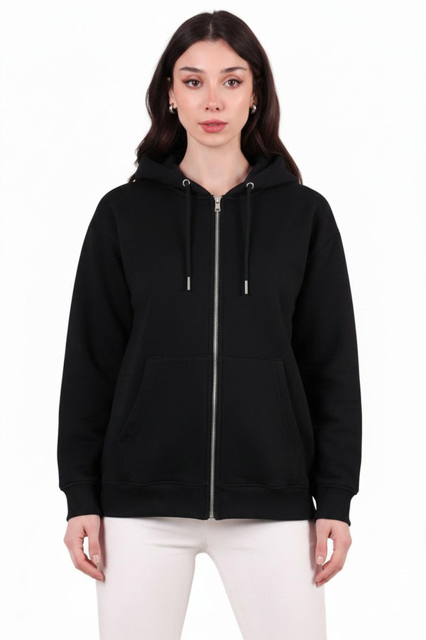 Kadın Kapşonlu Üç İplik Ön Fermuarlı Oversize Sweat  Siyah