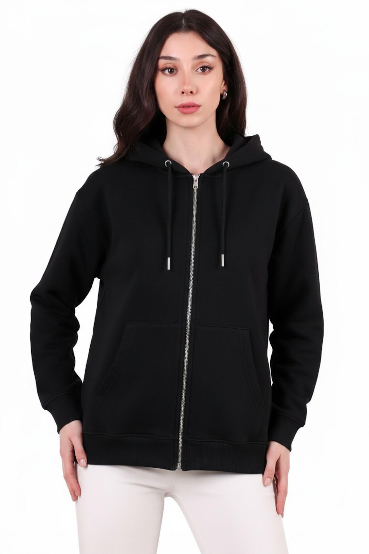 Kadın Kapşonlu Üç İplik Ön Fermuarlı Oversize Sweat  Siyah