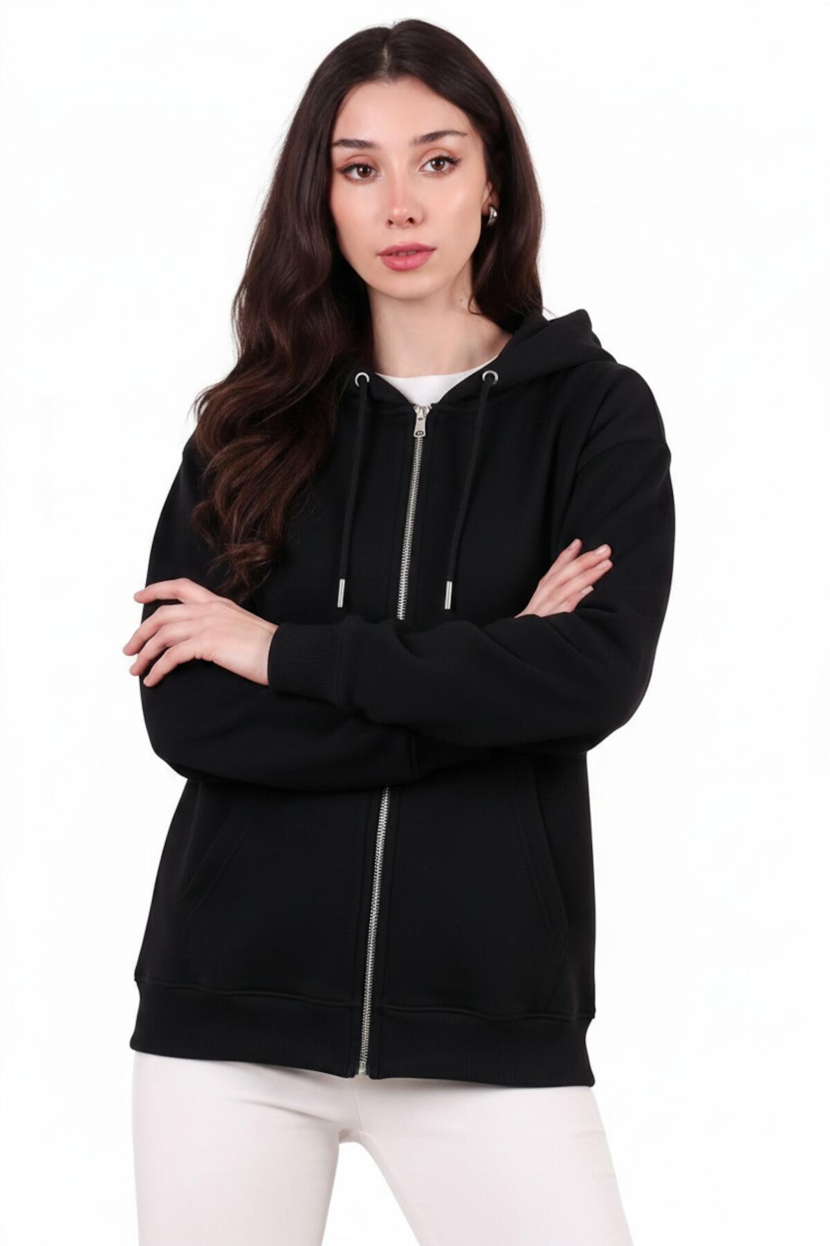 Kadın Kapşonlu Üç İplik Ön Fermuarlı Oversize Sweat  Siyah