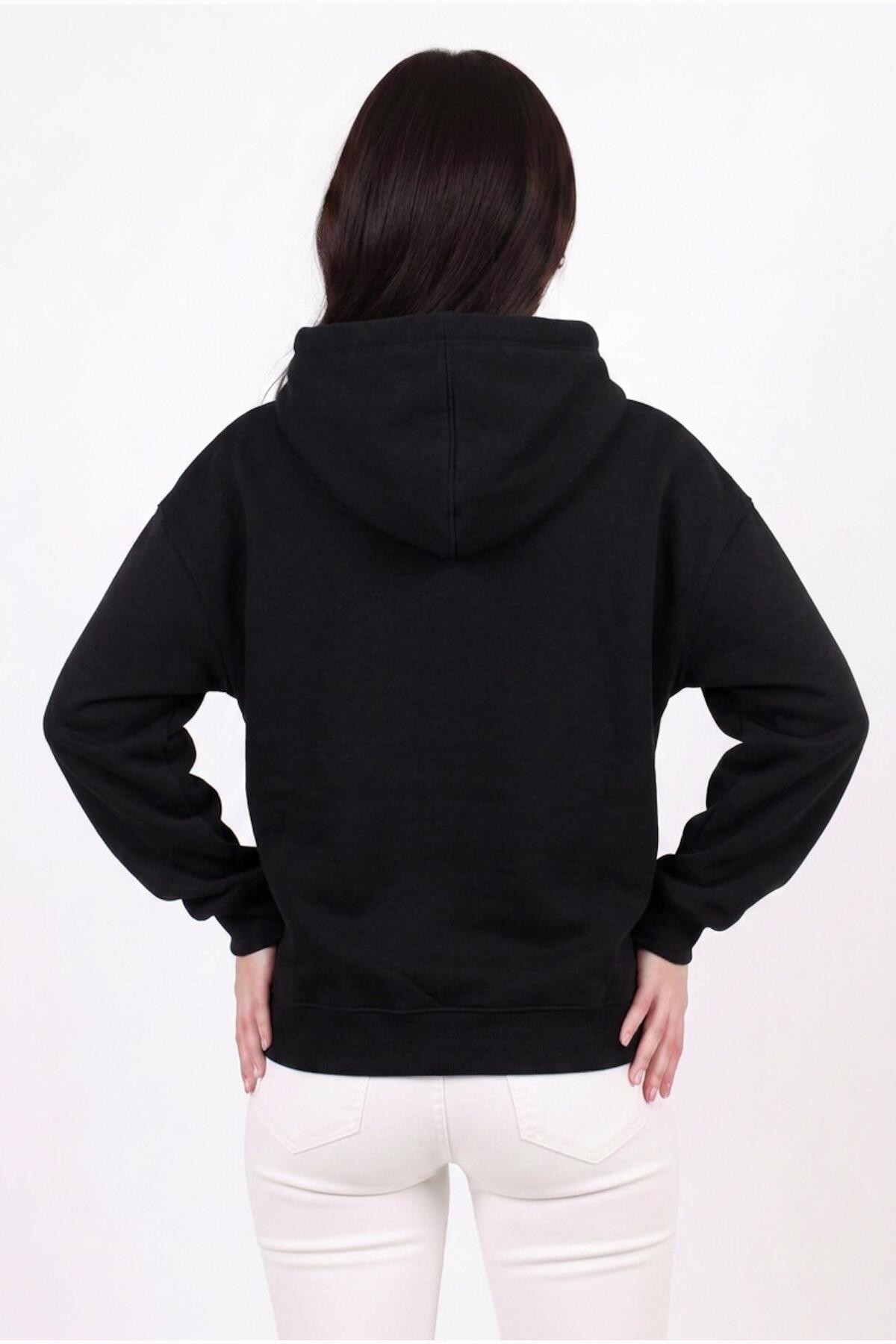 Kadın Kapşonlu Üç İplik Ön Fermuarlı Oversize Sweat  Siyah
