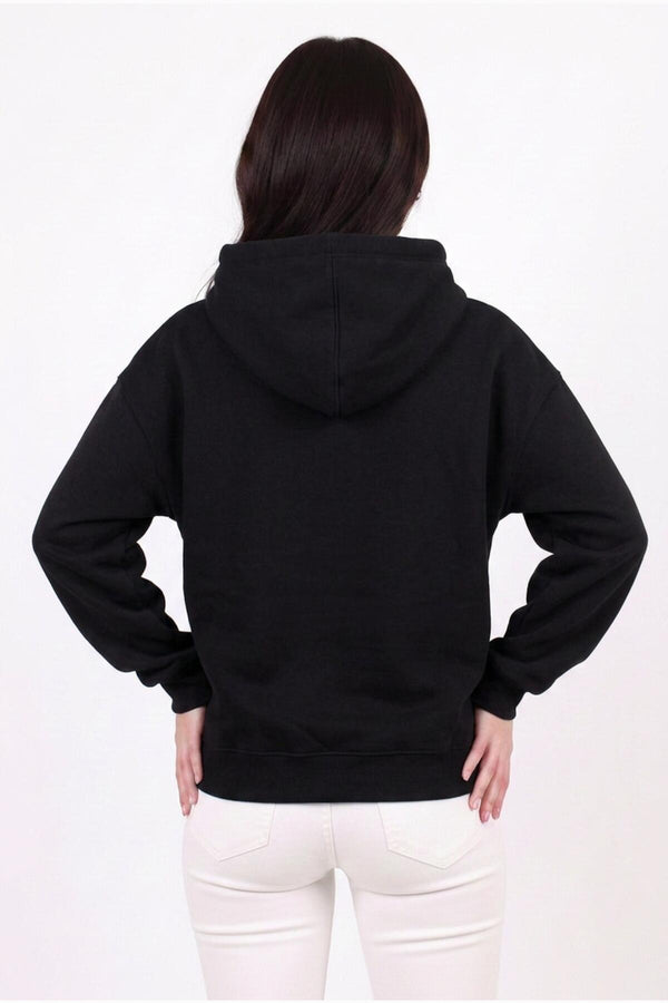 Kadın Kapşonlu Üç İplik Ön Fermuarlı Oversize Sweat  Siyah