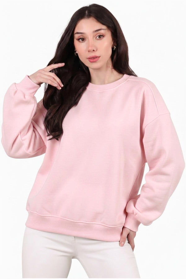 Kadın Üç İplik Bisiklet Yaka Kısa Sweat  Pembe