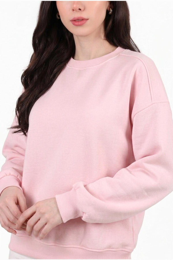 Kadın Üç İplik Bisiklet Yaka Kısa Sweat  Pembe