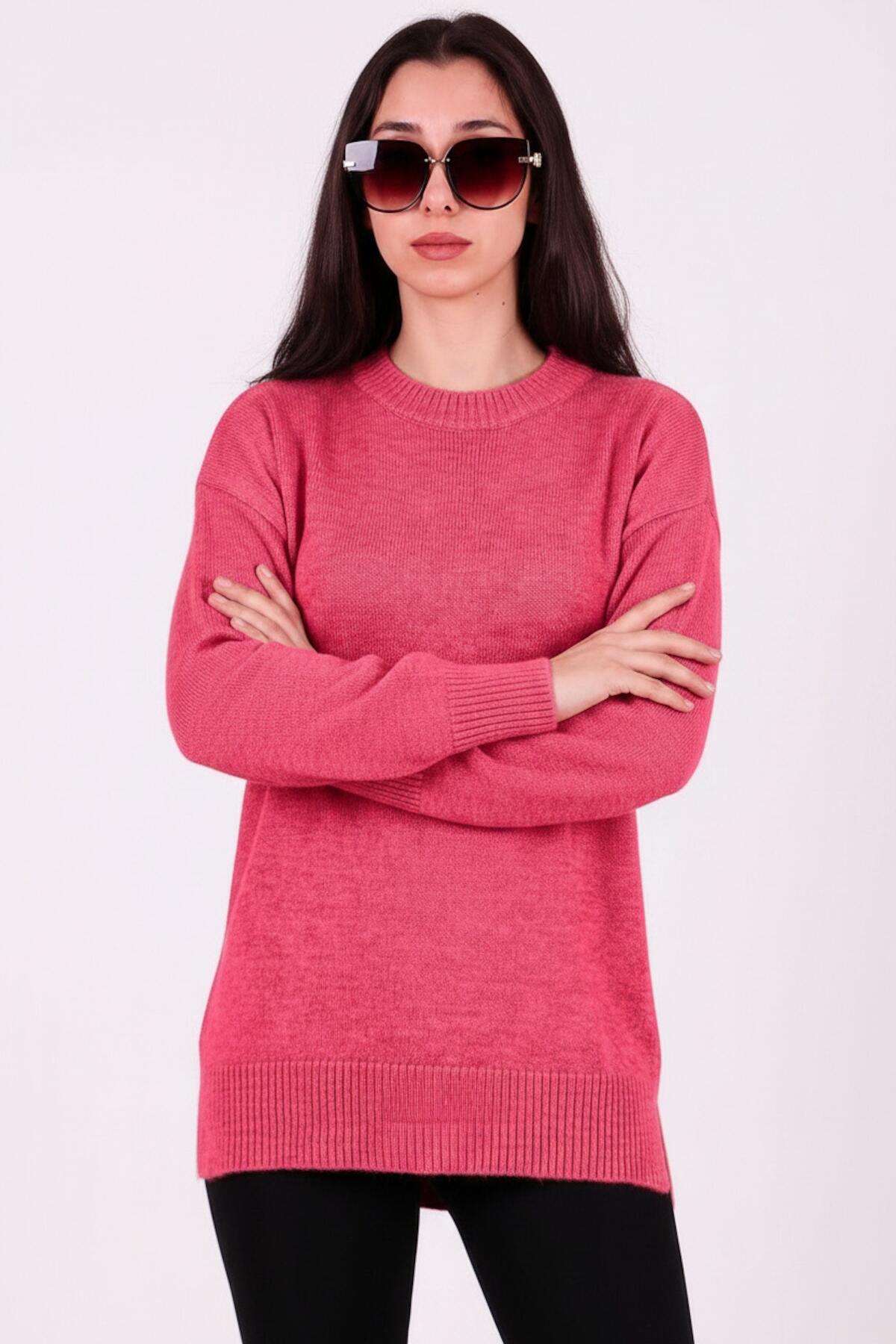 Kadın Bisiklet Yaka Şardon Triko Kazak  Pembe