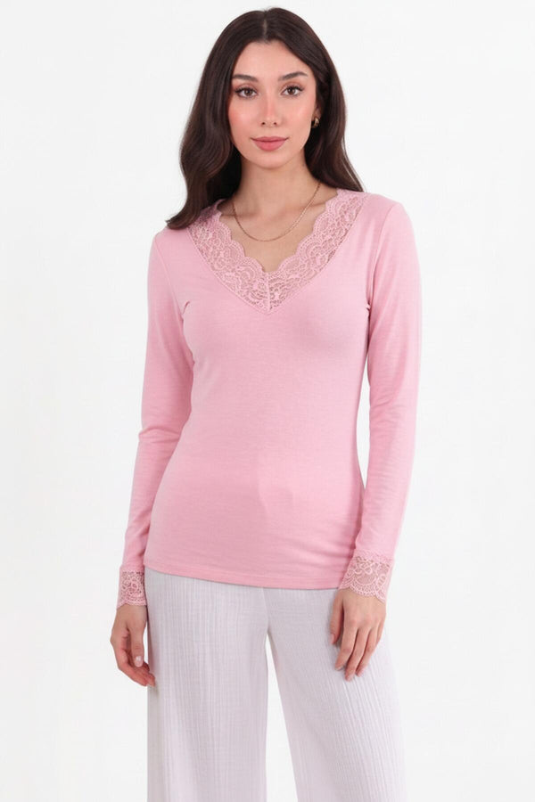 Kadın Dantel Detay V Yaka Bluz  Pembe