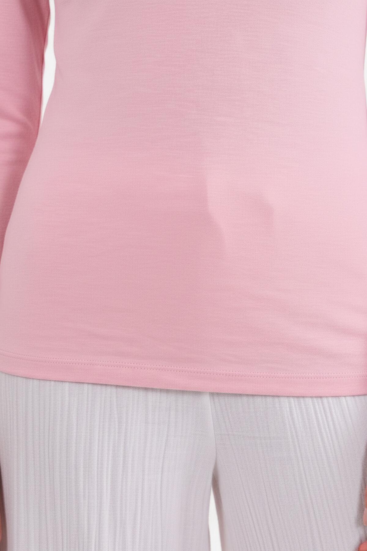 Kadın Dantel Detay V Yaka Bluz  Pembe