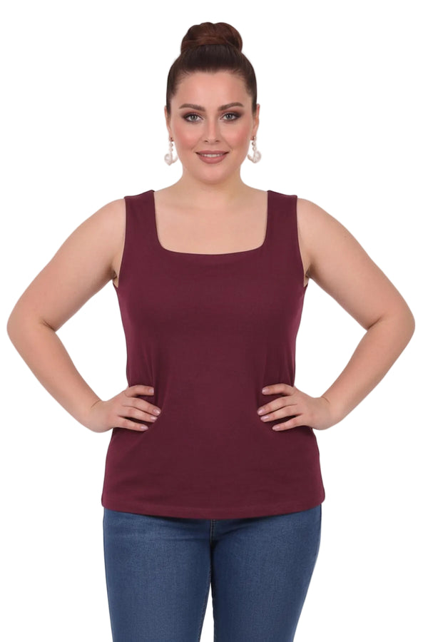 Büyük Beden Kare Yaka Astarlı Kolsuz Bluz  Bordo