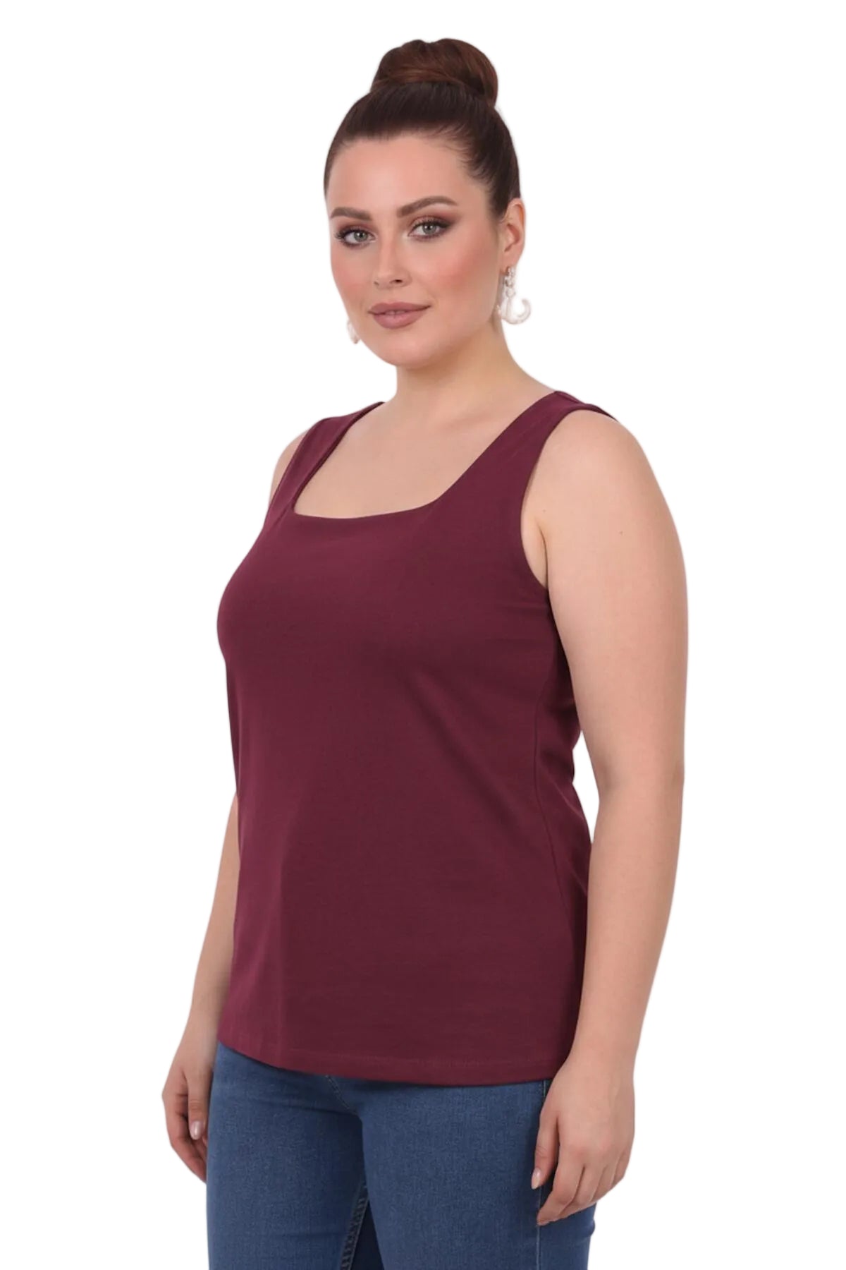 Büyük Beden Kare Yaka Astarlı Kolsuz Bluz  Bordo