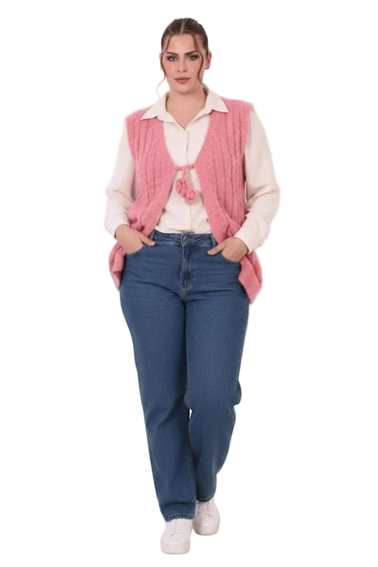 Büyük Beden Bel Bağlamalı Örme Yelek  Pembe