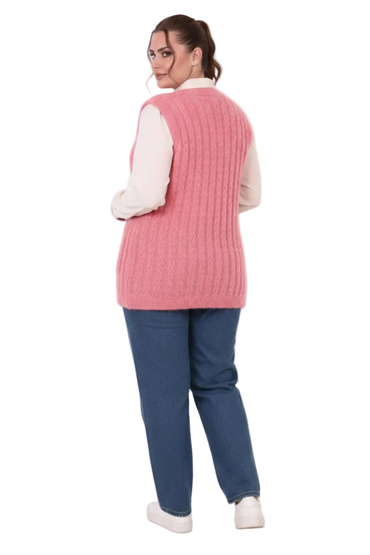 Büyük Beden Bel Bağlamalı Örme Yelek  Pembe