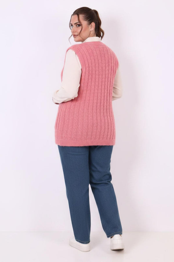 Büyük Beden Bel Bağlamalı Örme Yelek  Pembe