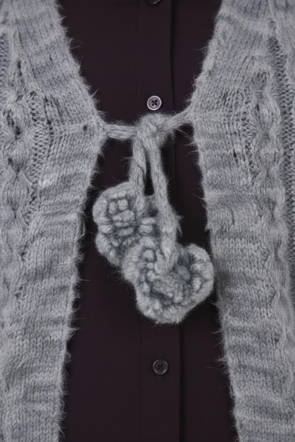 Büyük Beden Bel Bağlamalı Örme Yelek  Mavi
