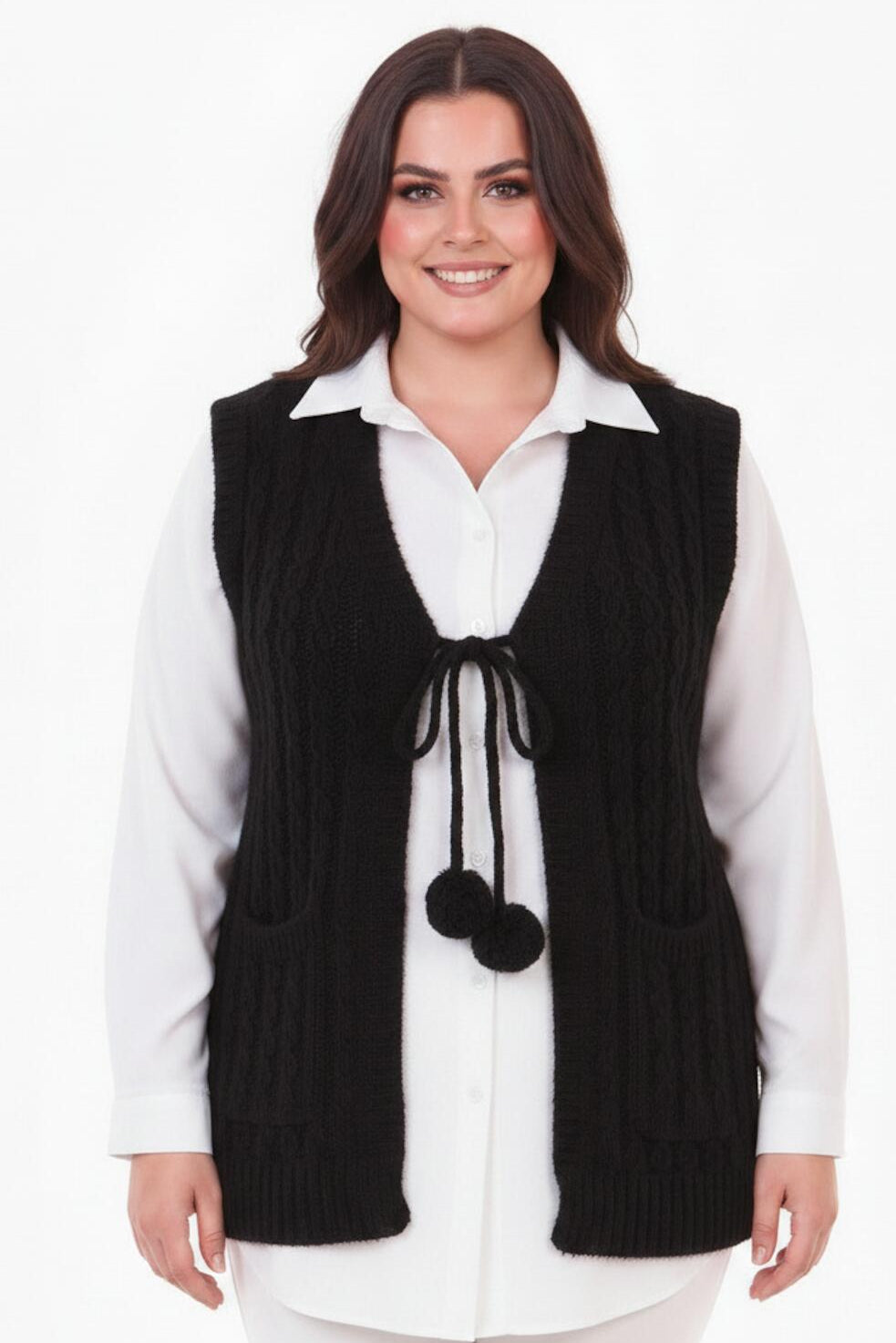 Büyük Beden Bel Bağlamalı Örme Yelek  Siyah