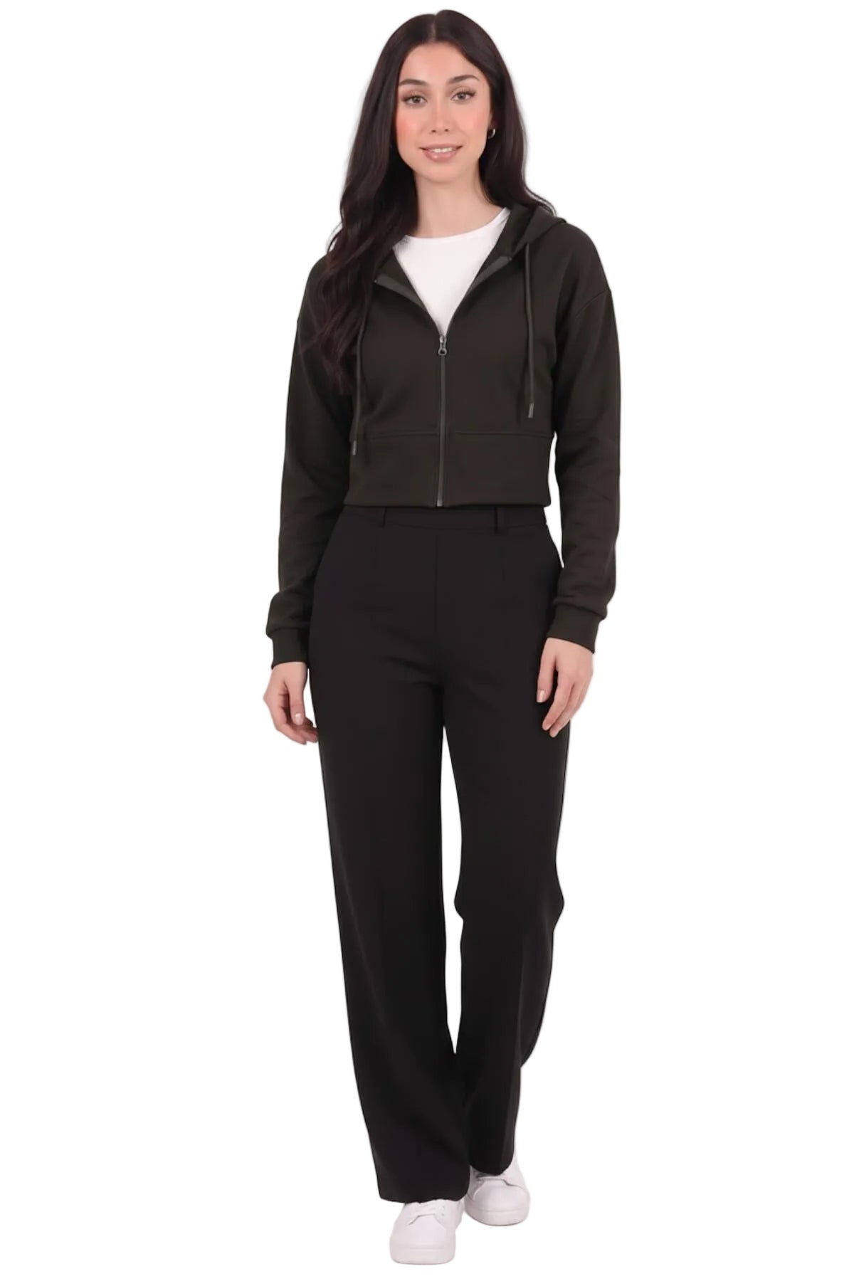 Kadın Kapşonlu Ön Fermuarlı Crop Sweat  Siyah