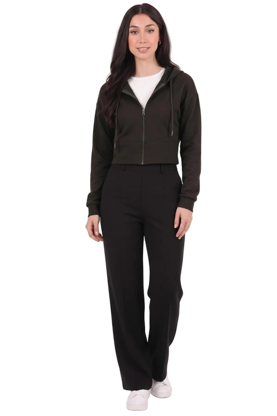 Kadın Kapşonlu Ön Fermuarlı Crop Sweat  Siyah