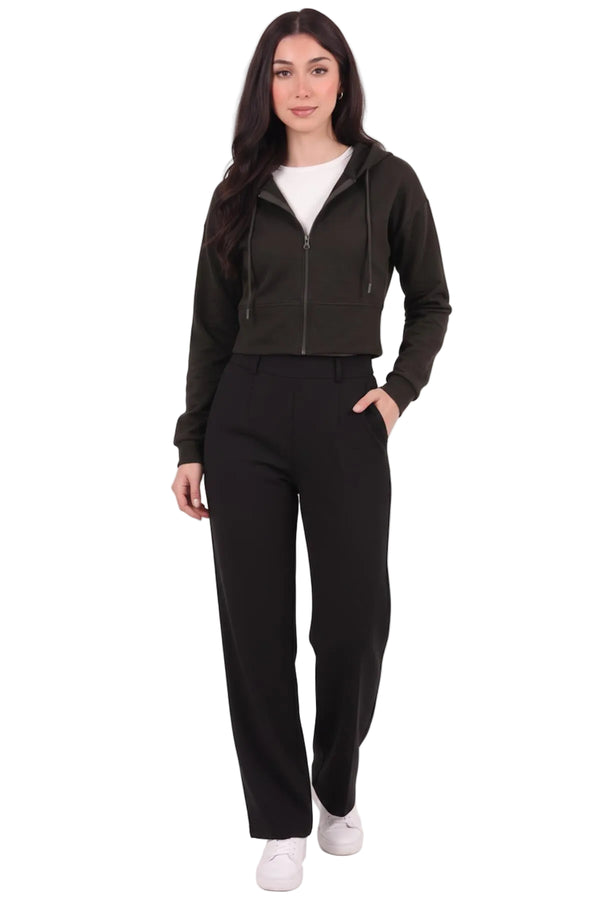 Kadın Kapşonlu Ön Fermuarlı Crop Sweat  Siyah
