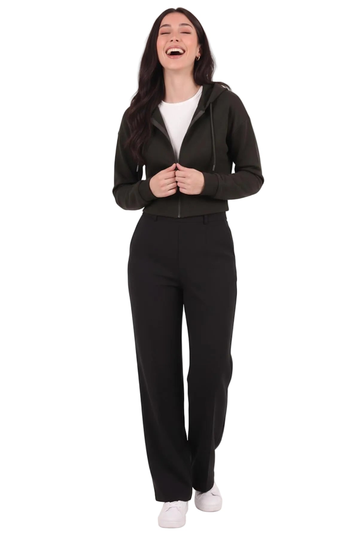 Kadın Kapşonlu Ön Fermuarlı Crop Sweat  Siyah
