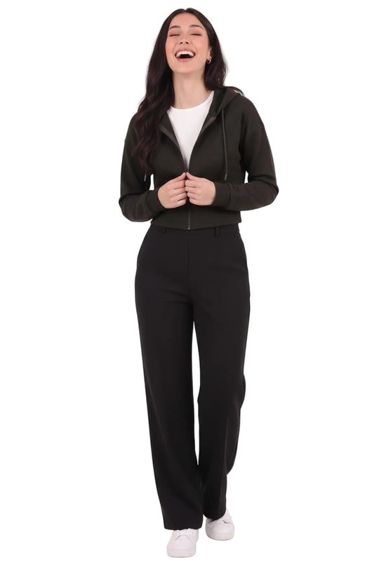 Kadın Kapşonlu Ön Fermuarlı Crop Sweat  Siyah
