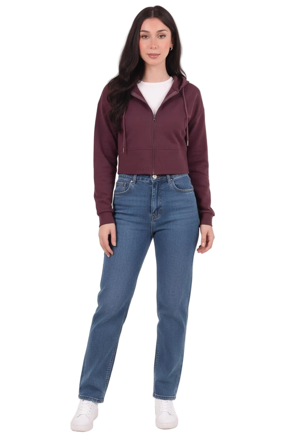 Kadın Kapşonlu Ön Fermuarlı Crop Sweat  Mürdüm