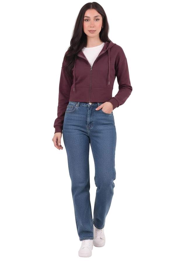 Kadın Kapşonlu Ön Fermuarlı Crop Sweat  Mürdüm