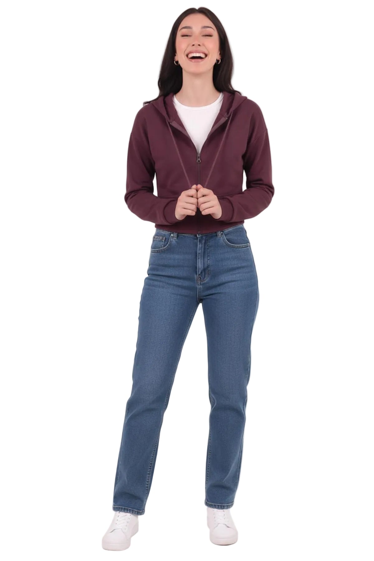 Kadın Kapşonlu Ön Fermuarlı Crop Sweat  Mürdüm