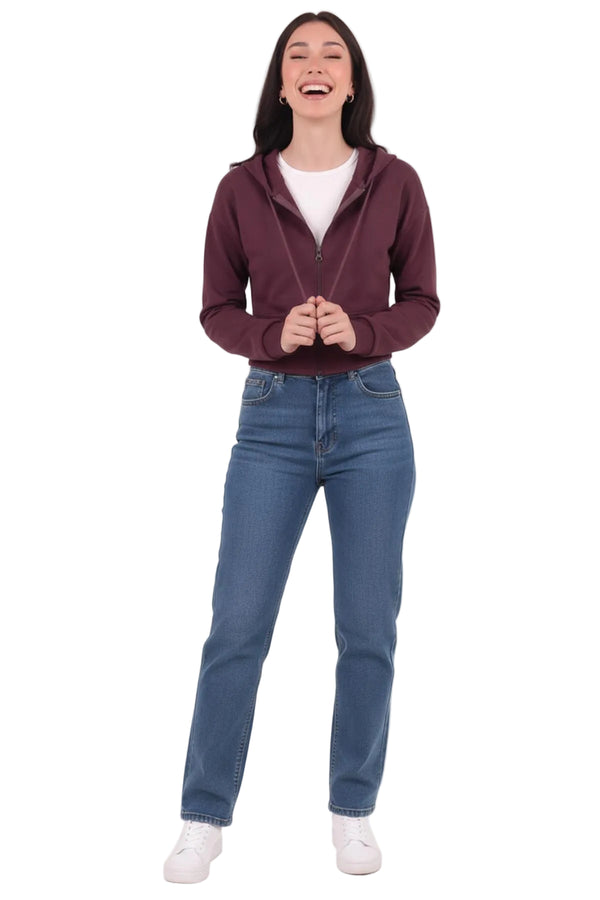 Kadın Kapşonlu Ön Fermuarlı Crop Sweat  Mürdüm