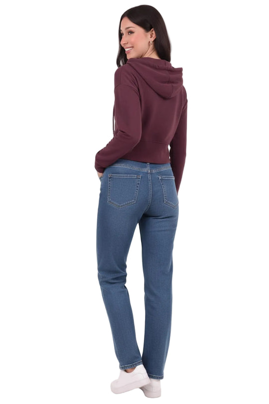 Kadın Kapşonlu Ön Fermuarlı Crop Sweat  Mürdüm