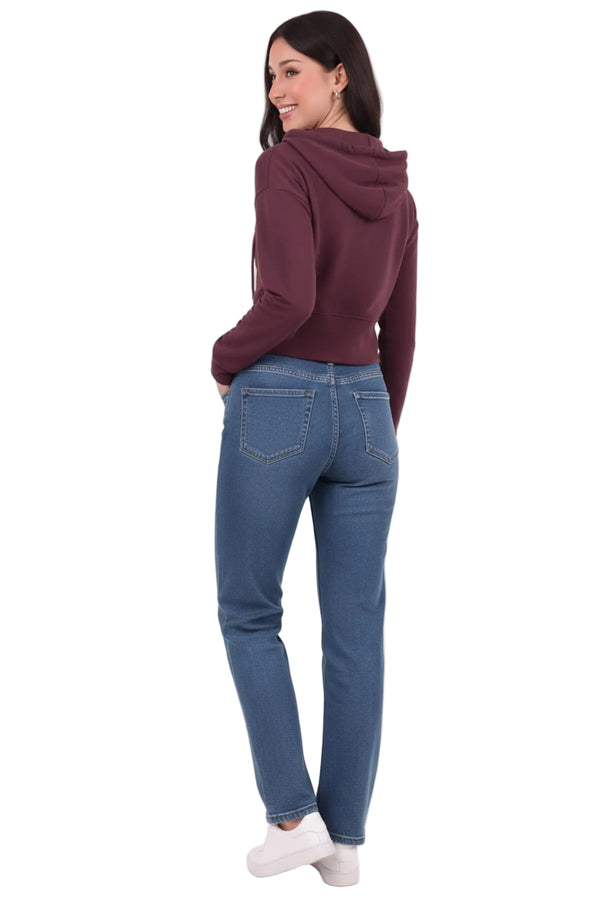 Kadın Kapşonlu Ön Fermuarlı Crop Sweat  Mürdüm