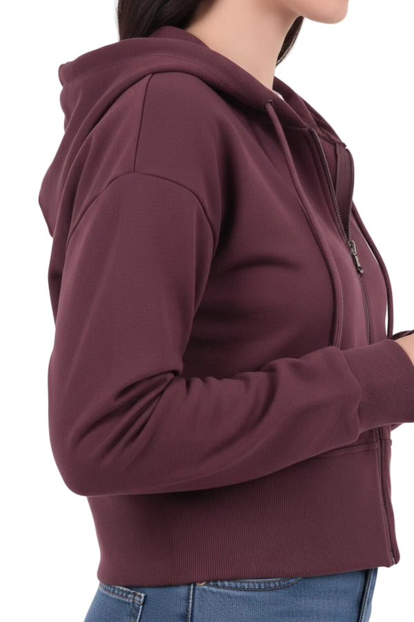 Kadın Kapşonlu Ön Fermuarlı Crop Sweat  Mürdüm