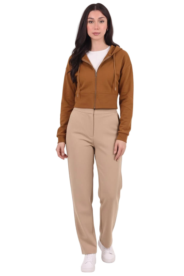 Kadın Kapşonlu Ön Fermuarlı Crop Sweat  Taba