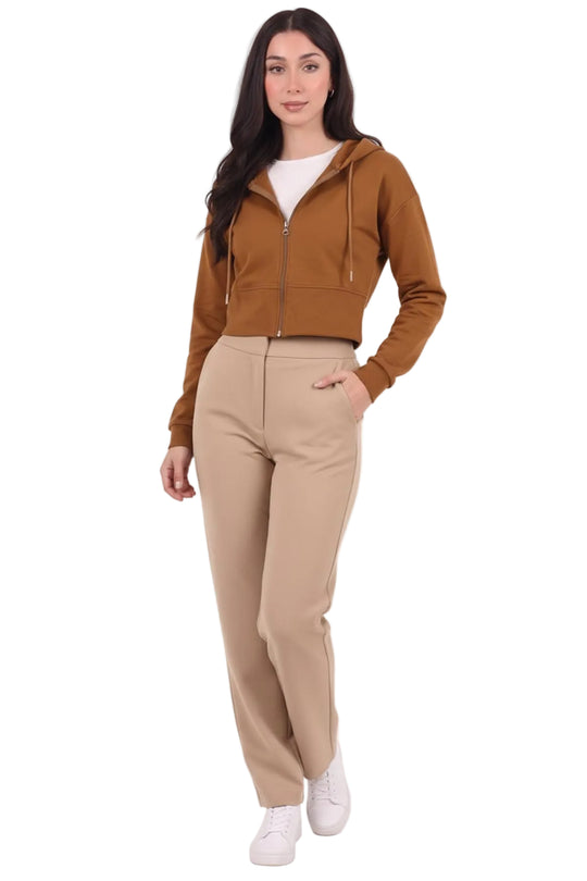 Kadın Kapşonlu Ön Fermuarlı Crop Sweat  Taba