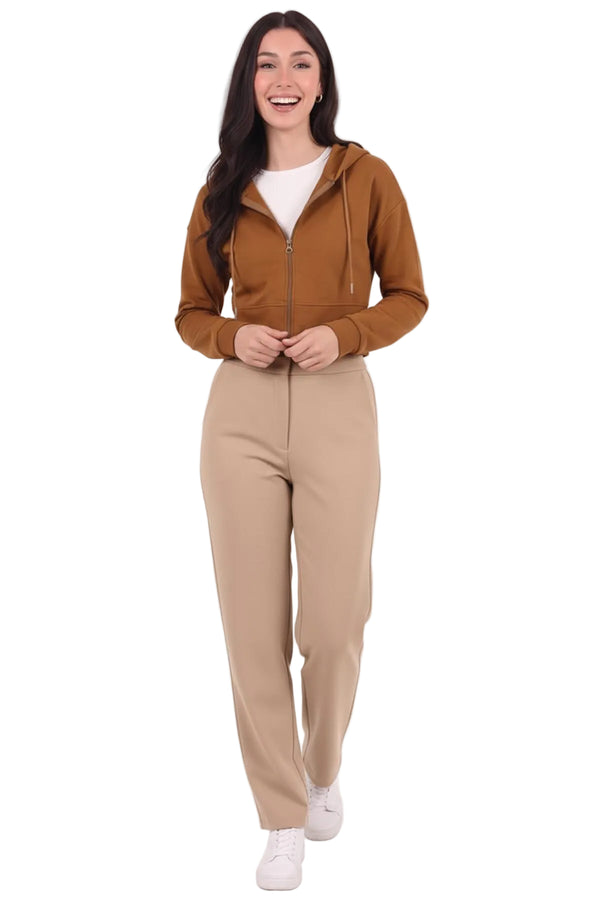Kadın Kapşonlu Ön Fermuarlı Crop Sweat  Taba