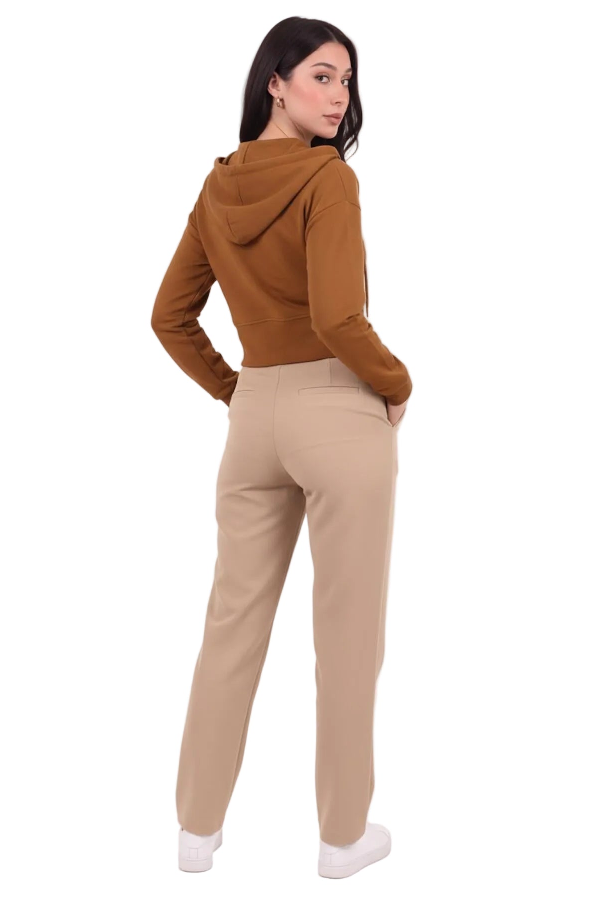 Kadın Kapşonlu Ön Fermuarlı Crop Sweat  Taba