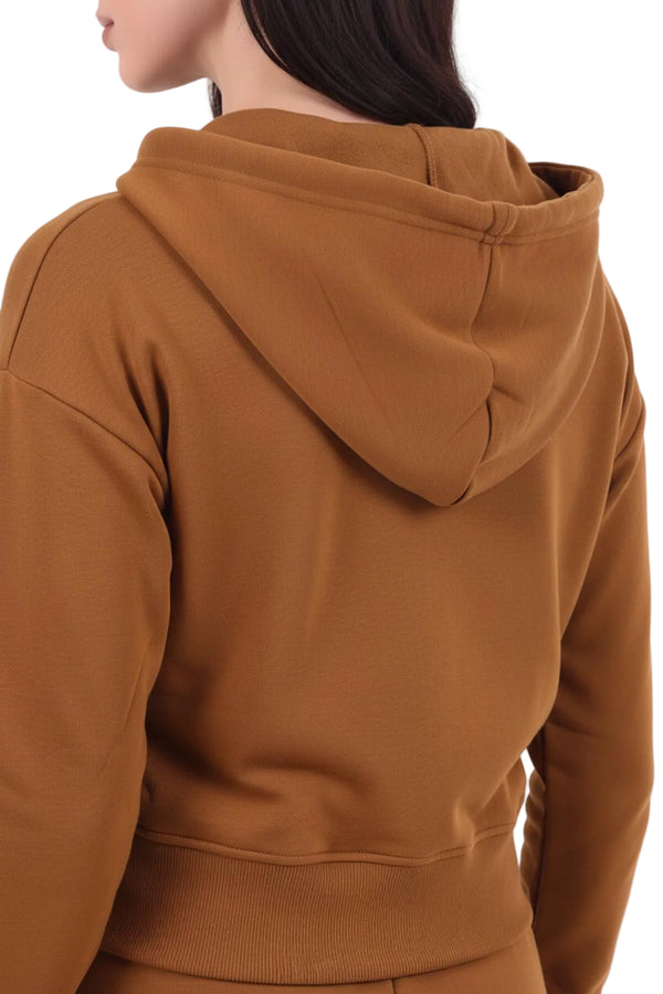 Kadın Kapşonlu Ön Fermuarlı Crop Sweat  Taba