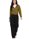 Kadın Kapşonlu Ön Fermuarlı Crop Sweat  Yeşil