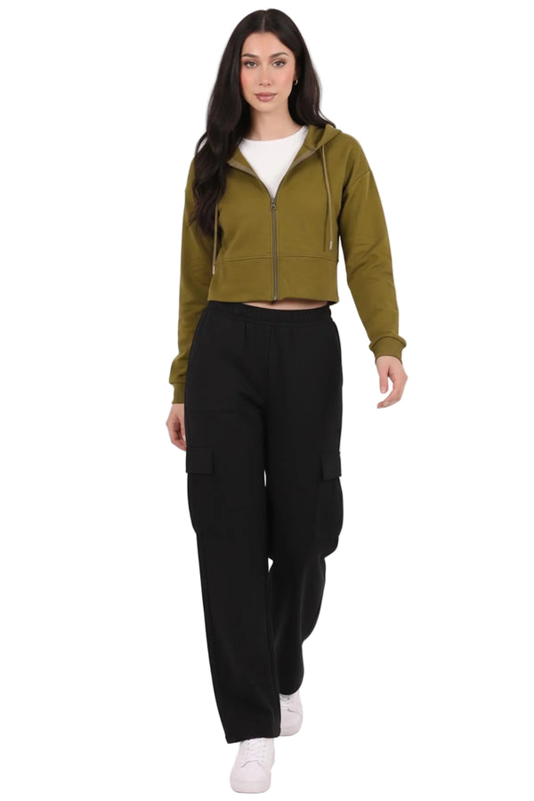 Kadın Kapşonlu Ön Fermuarlı Crop Sweat  Yeşil