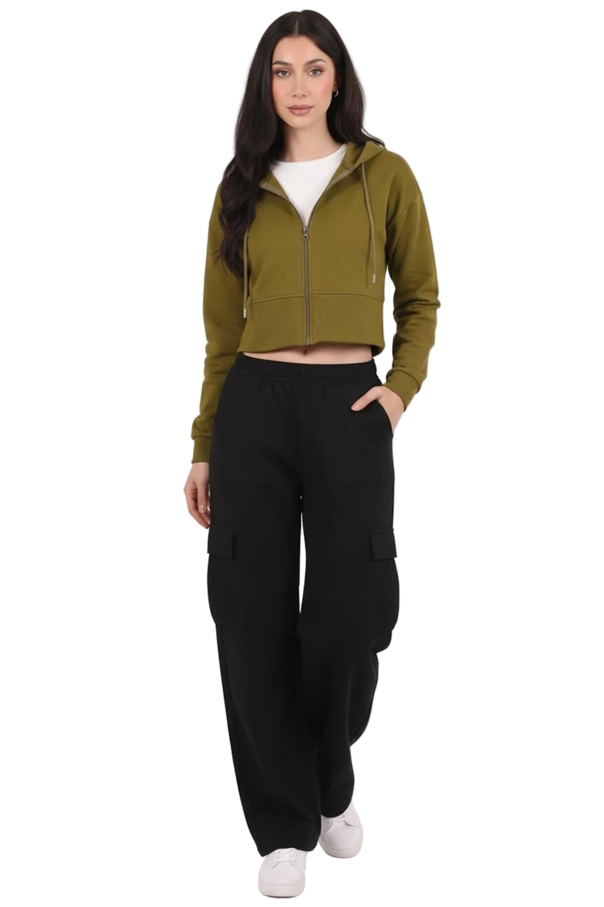 Kadın Kapşonlu Ön Fermuarlı Crop Sweat  Yeşil