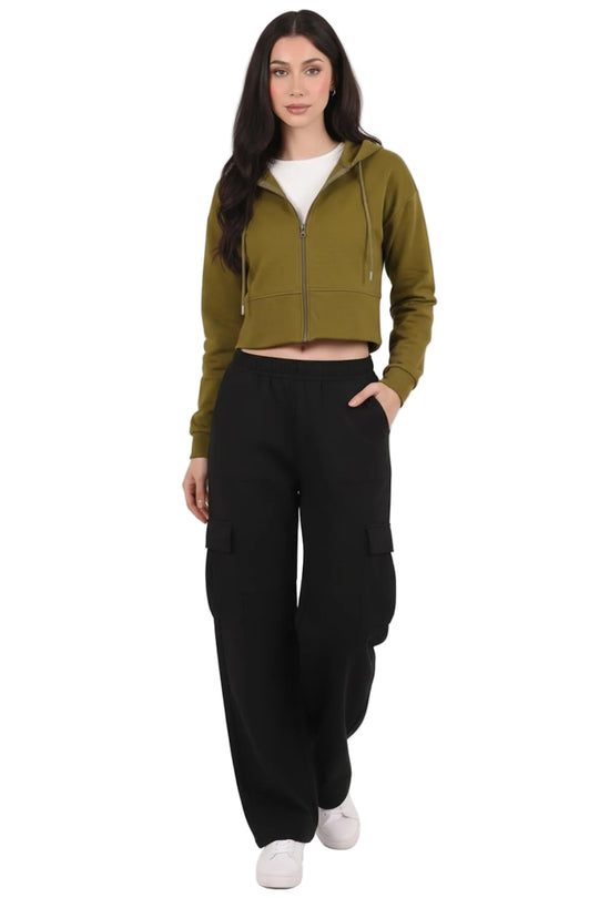 Kadın Kapşonlu Ön Fermuarlı Crop Sweat  Yeşil