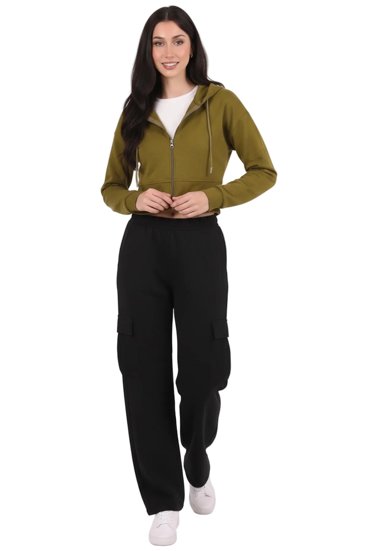 Kadın Kapşonlu Ön Fermuarlı Crop Sweat  Yeşil