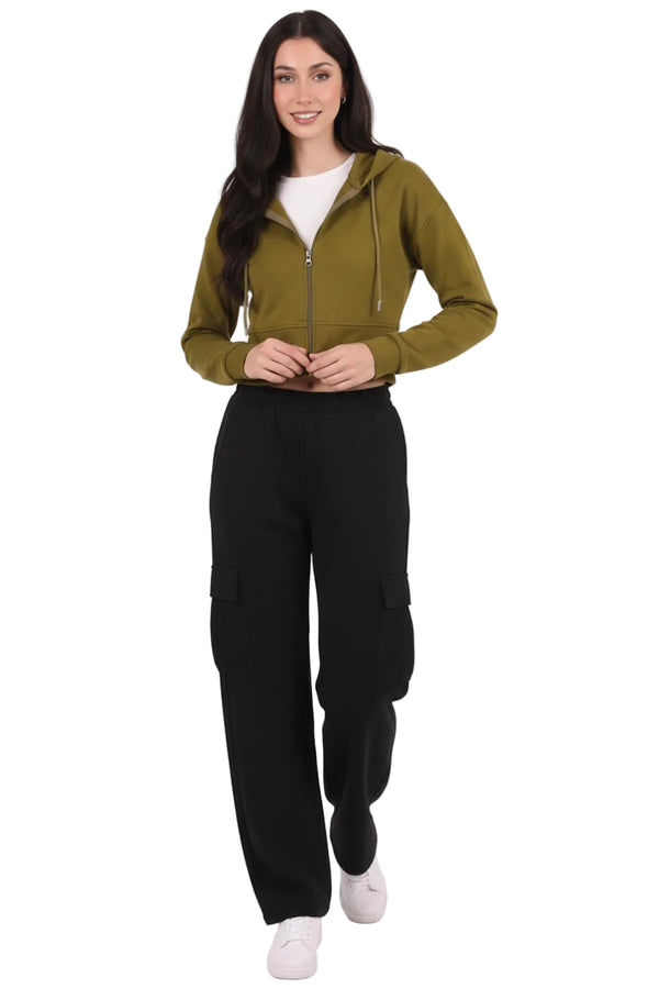 Kadın Kapşonlu Ön Fermuarlı Crop Sweat  Yeşil