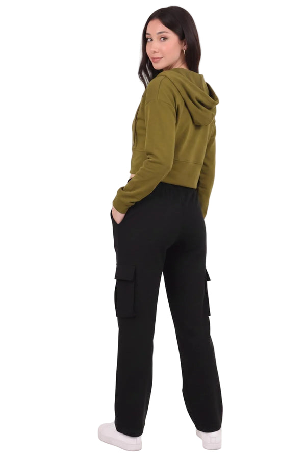 Kadın Kapşonlu Ön Fermuarlı Crop Sweat  Yeşil