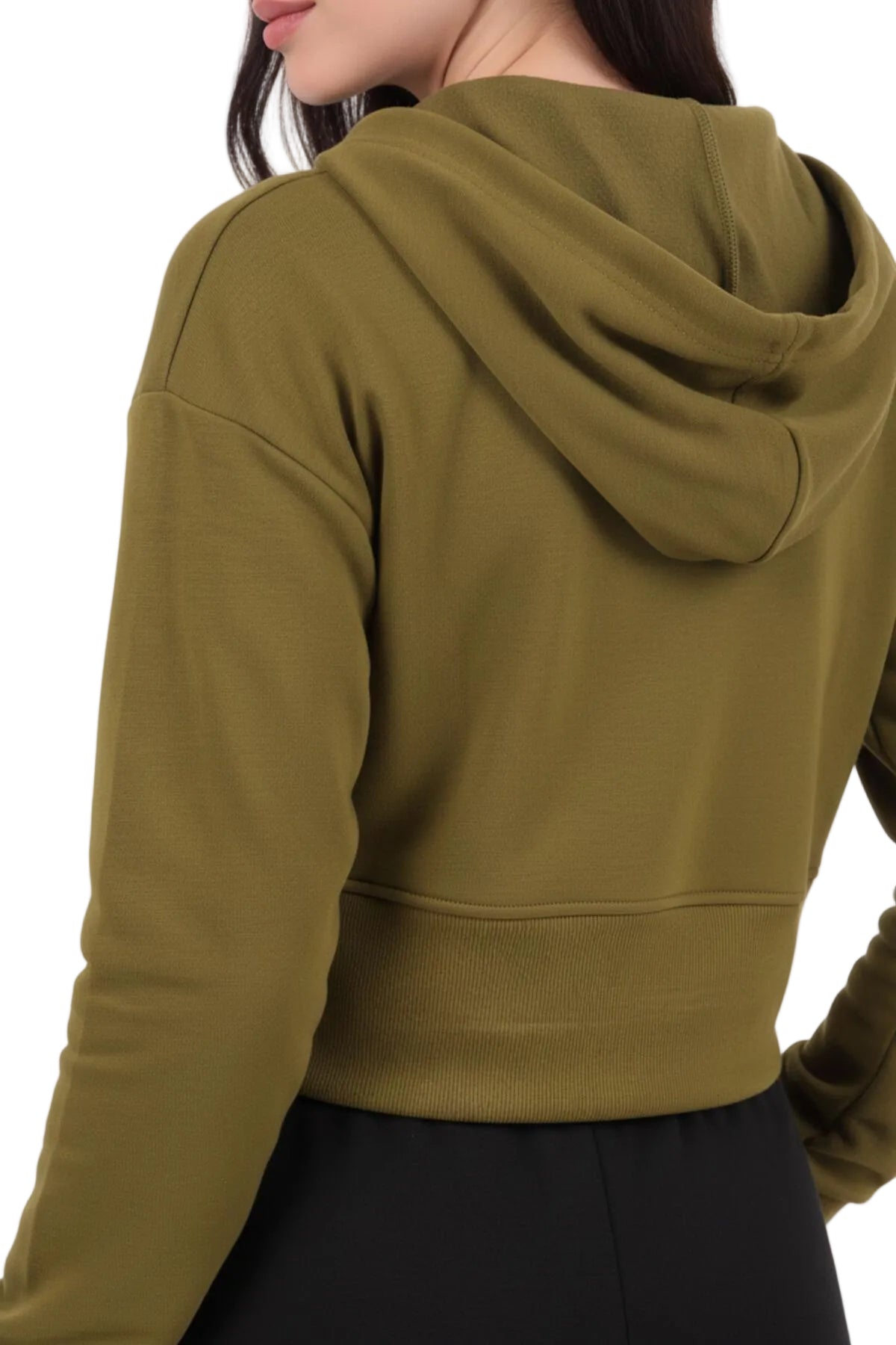 Kadın Kapşonlu Ön Fermuarlı Crop Sweat  Yeşil